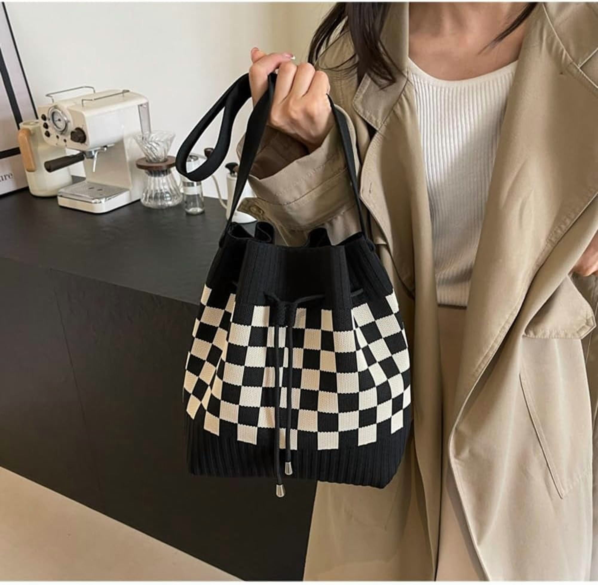 CAILDANL Knit Bucket Bag Women 2025 Trendy Spring Crochet Knitted Drawstring Shoulder Bags Crossbody Purse Geometric Pattern