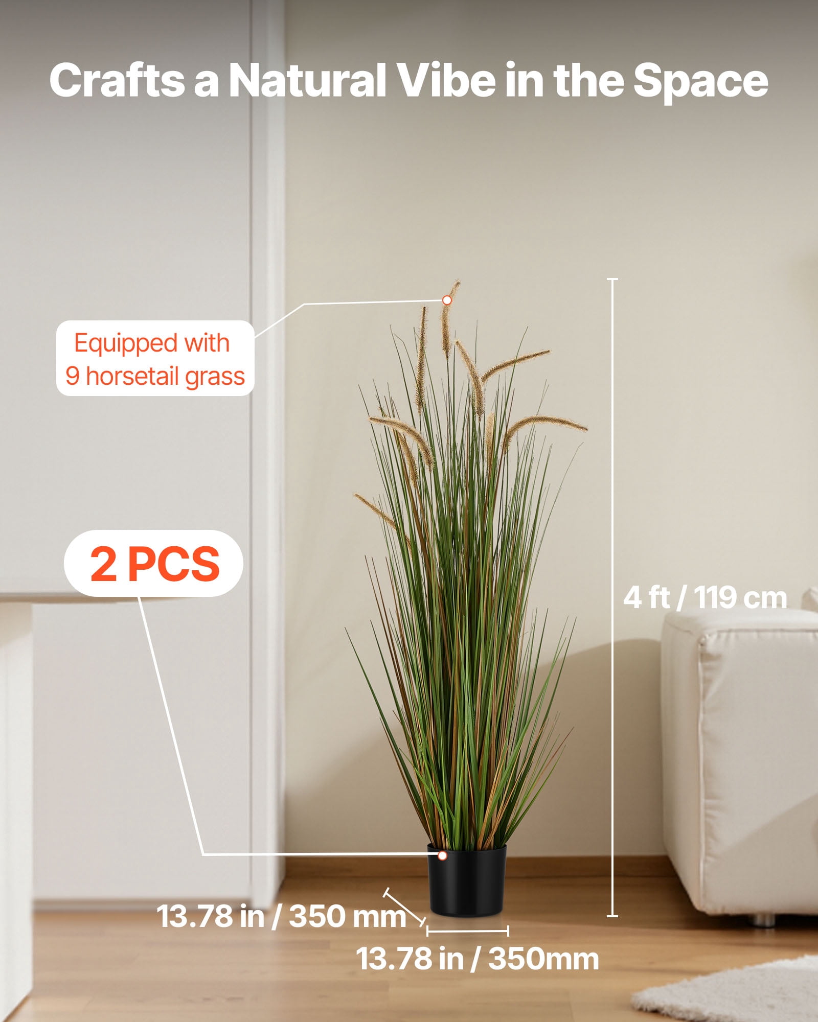 VEVOR Artificial Grass Plant, 2 Pack 47 inch Horsetail Reed Grass in Pot, Premium PVC Faux Fake Greenery Shrubs Plant for Indoor Outdoor House Home Garden Office Room Décor, Housewarming, Green