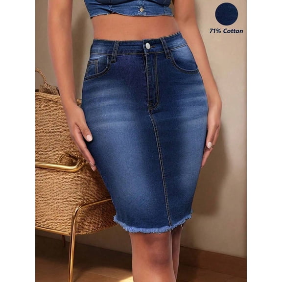 Womens Dark Wash Fitted Denim Mini Skirt With Raw Hem