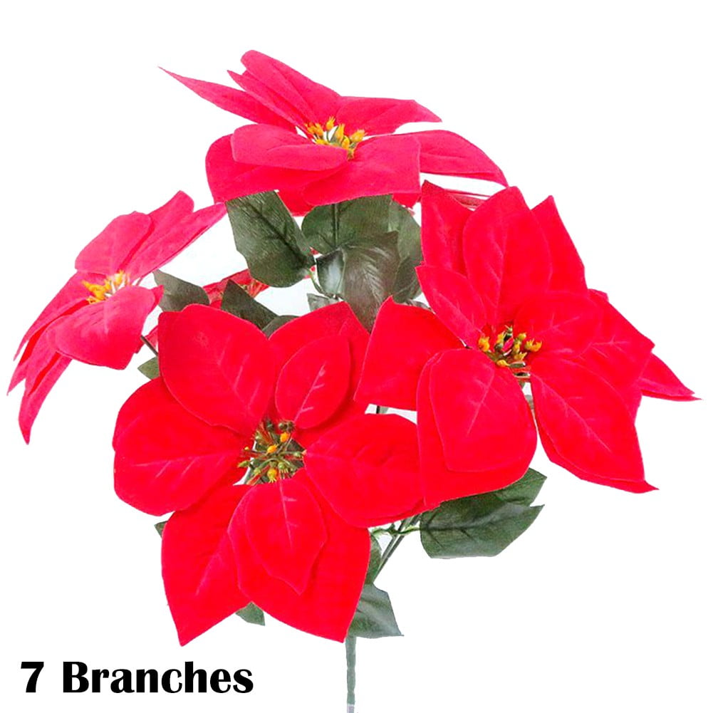 3Pcs 7 Heads Artificial Poinsettia Bush Flowers Christmas Flowers