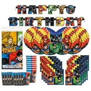 MIKES SUPER STORE DC Comics Justice League Superheros Birthday Party Supplies Pack Bundle serves 16 ; Plates, Cups, Napkins, Banner, & Table Cover