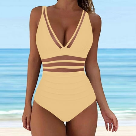 LEBONYARD Floral Print One-Piece Swimsuit:Sleeveless & Summer Ready Fashion Women s Sleeveless Solid Bikini Set Swimsuit Push-Up Padded Swimwear Swimsuit Beachwear Beige M