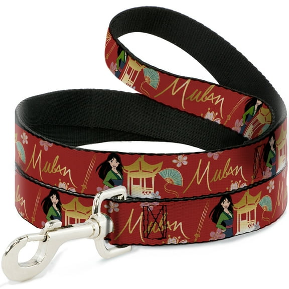 Disney Pet Leash, Dog Leash, Mulan Gazebo Pose with Flowers and Script Red Golds, 4 Feet Long 0.5 Inch Wide