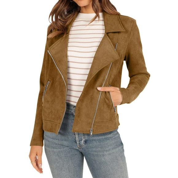 Bowake Women's Casual Biker Moto Jacket Fall Suede Long Sleeve Zip up Cropped Jackets Coat Outwear with Pockets