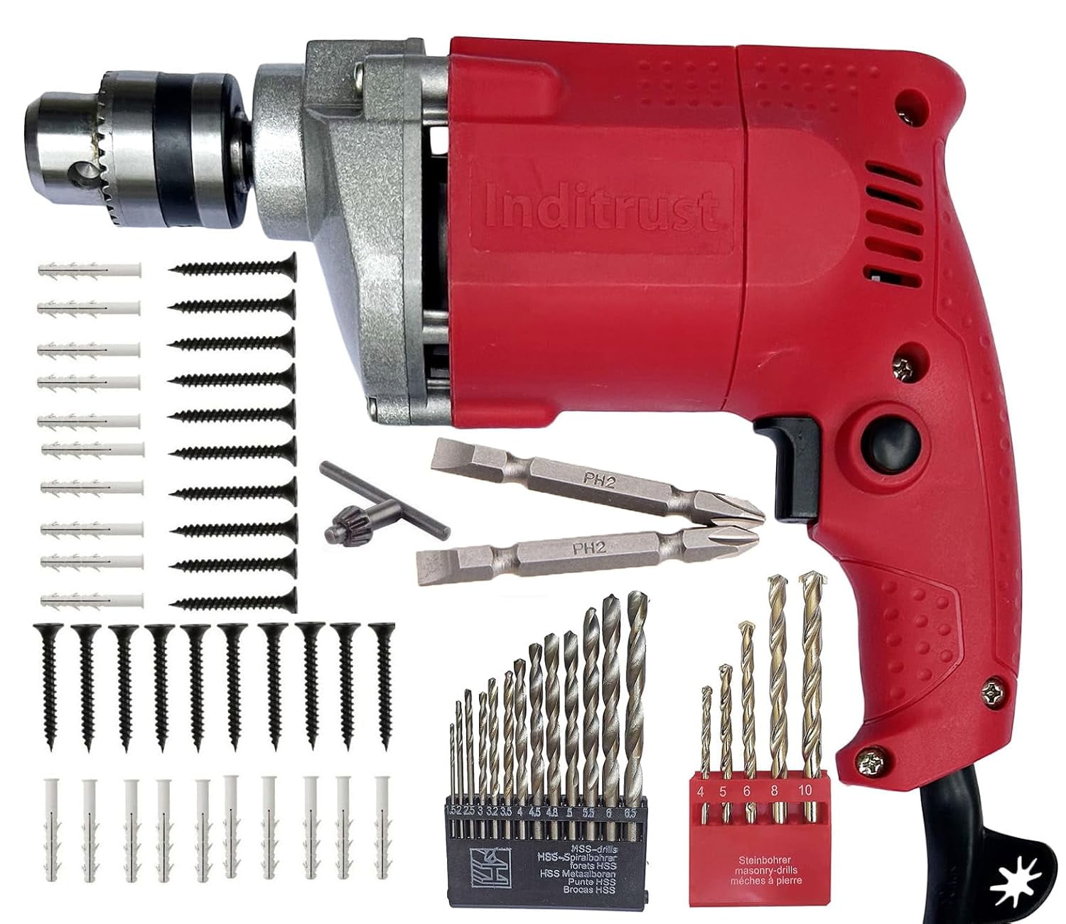 New 10mm Drill Machine | 350w 13pc Hss 5pc Masonry 20+20 Screw Patch & 2pc Ph2 +- Power & Hand Tool Kit | Corded Electric Drill Machine, Better Grip, Metal, Comfort | Multi-Purpose kit