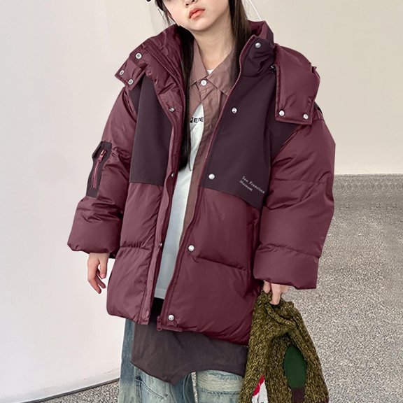FSYBOA Girls Puffer Jacket Size 14T, Winter Color Block Mid-Length Hooded Kids Long Sleeve Outerwear Purple