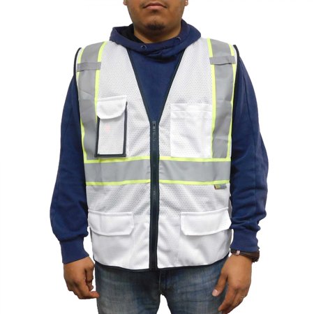 

3C Products ANSI/ISEA 107-2015 Class 2 White Ultra Soft Mesh Surveyor Safety Vest w/ Multi-Pockets Mic Tabs and Pen Holder - SV2520-XL