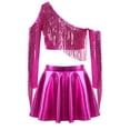 thumbnail image 4 of TSSOE Kids Girls 2 Piece Sequin Jazz Dance Outfit Long Sleeve Metallic Fringed Crop Top and Mini Pleated Skirts Set Hot Pink 14, 4 of 7