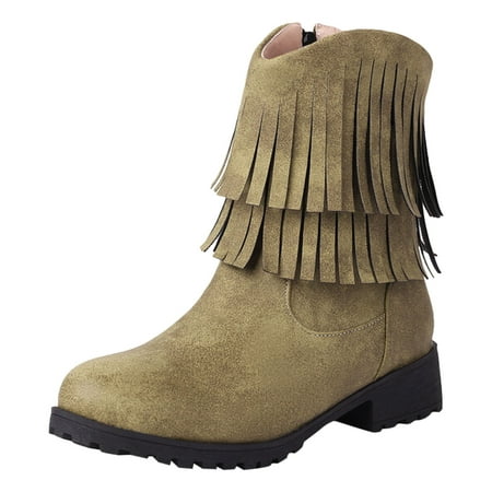 

DVKOVI Country Concert Outfit Mid Calf Cowgirl Boots Women Fashionable Tassel Decoration Round Toe Low Heel Comfortable Autumn and Winter Zipper Shoes Flat Heel Cowboy Boots Women Green 37