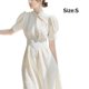 thumbnail image 2 of Vestido de verano para mujer, cuello cuadrado, manga corta abombada, Color sólido, cintura alta, informal, fruncido, fluido, camisa, falda, vestido de verano para mujer, 2 of 6