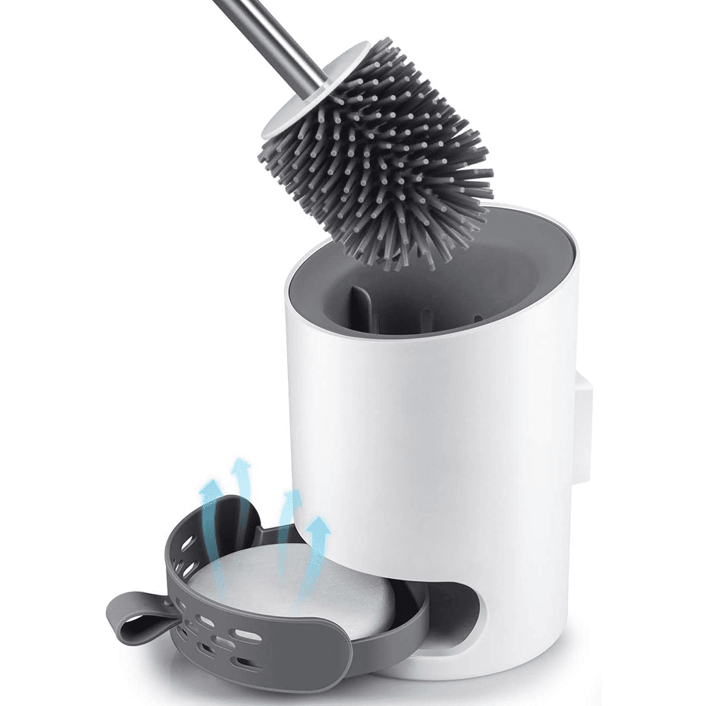 Toilet Brush and Holder WallMounted Long Handle Soft TPR Bristles Head