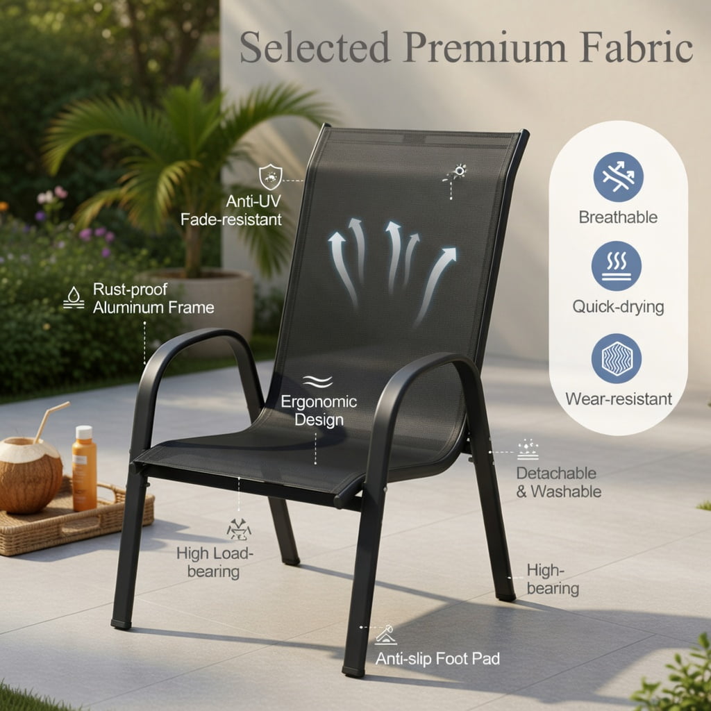Hommoo 4-Pack Stackable Outdoor Dining Chairs with Armrests, Steel Frame, Ergonomic Design for Patio, Deck & Backyard, Black