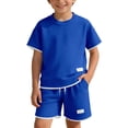 thumbnail image 5 of SGFCWSX Boys 2 Piece Outfits Waffle Knit Short Sleeve T-shirt and Shorts Set Summer Casual Athletic Clothes with Pockets Blue Size 8, 5 of 7