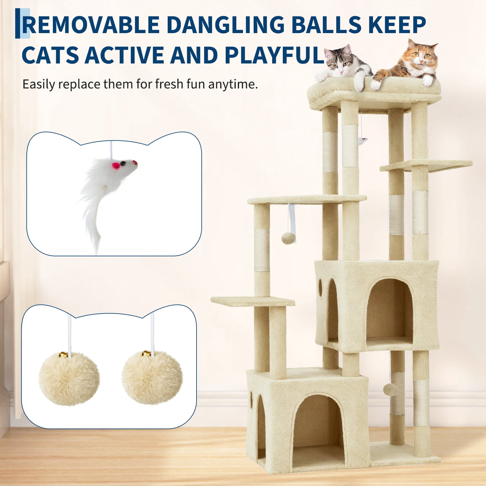 Babevy 61" Maine Coon Cat Tree, Heavy-Duty Tower with Extra-Large Perch, 2 Condos & 7 Sisal Scratching Posts for Large Indoor Cats