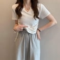 thumbnail image 4 of Mittory Women's Notch V Neck Tee Shirts Summer Short Sleeve Trendy Tops Slim Fit Side Drawstring T-hirts Basic Tunics, 4 of 5