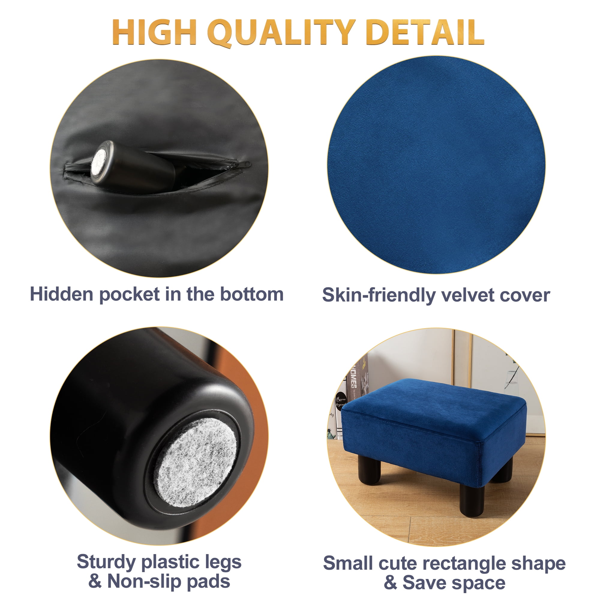 Dycanpo Small Rectangle Foot Stool Footrest Ottoman Stool with Velvet Fabric for Living Room, Blue