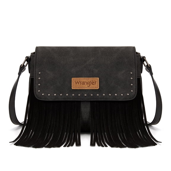 Wrangler Western Fringe Crossbody Bag for Women Suede Faux Leather Flap Purse Cowboy Tassel Handbag, Black