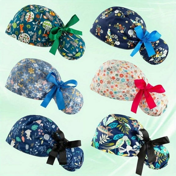 Set of 6 Satin Lined Scrub Caps Women Nurse Surgical Hat with Buttons Ponytail Working Adjustable Pouch Tie Back