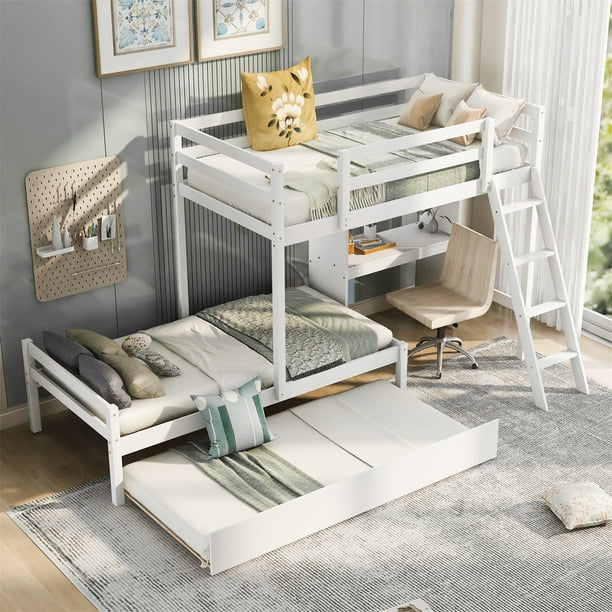 Space Saver Twin Bunk Bed with Convertible Builtin Desk and Down Bed