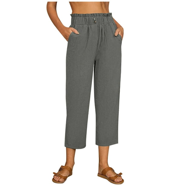 Cotton Linen Capri Pants for Women 2023 Summer Casual Elastic Waist Wide  Leg Cropped Pants Loose Fit Beach Pants with Pockets : : Clothing
