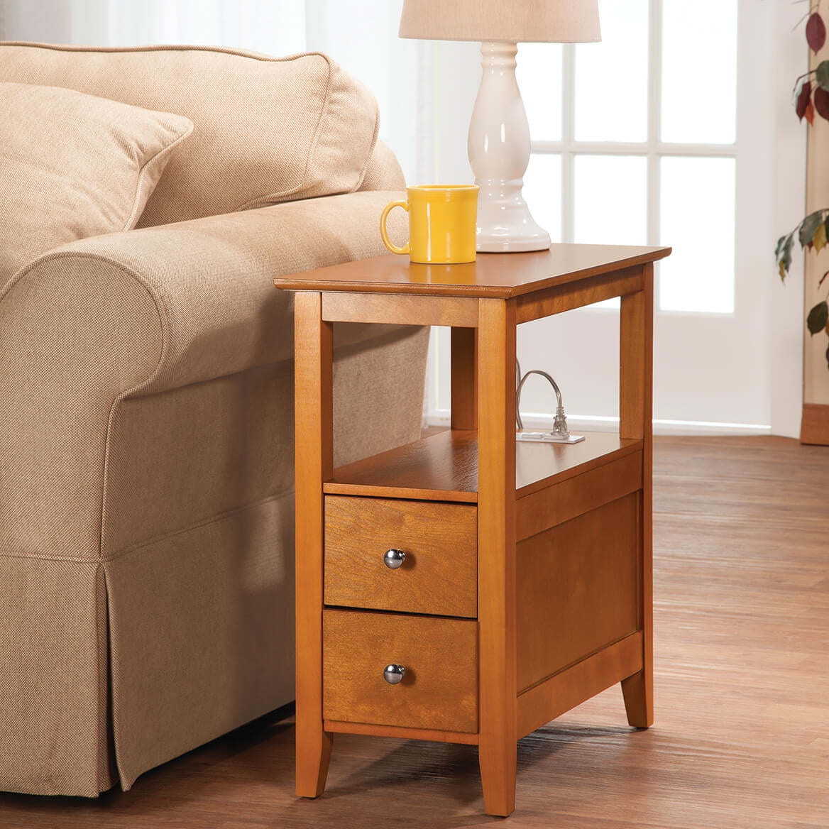 end table with lamp and charging station