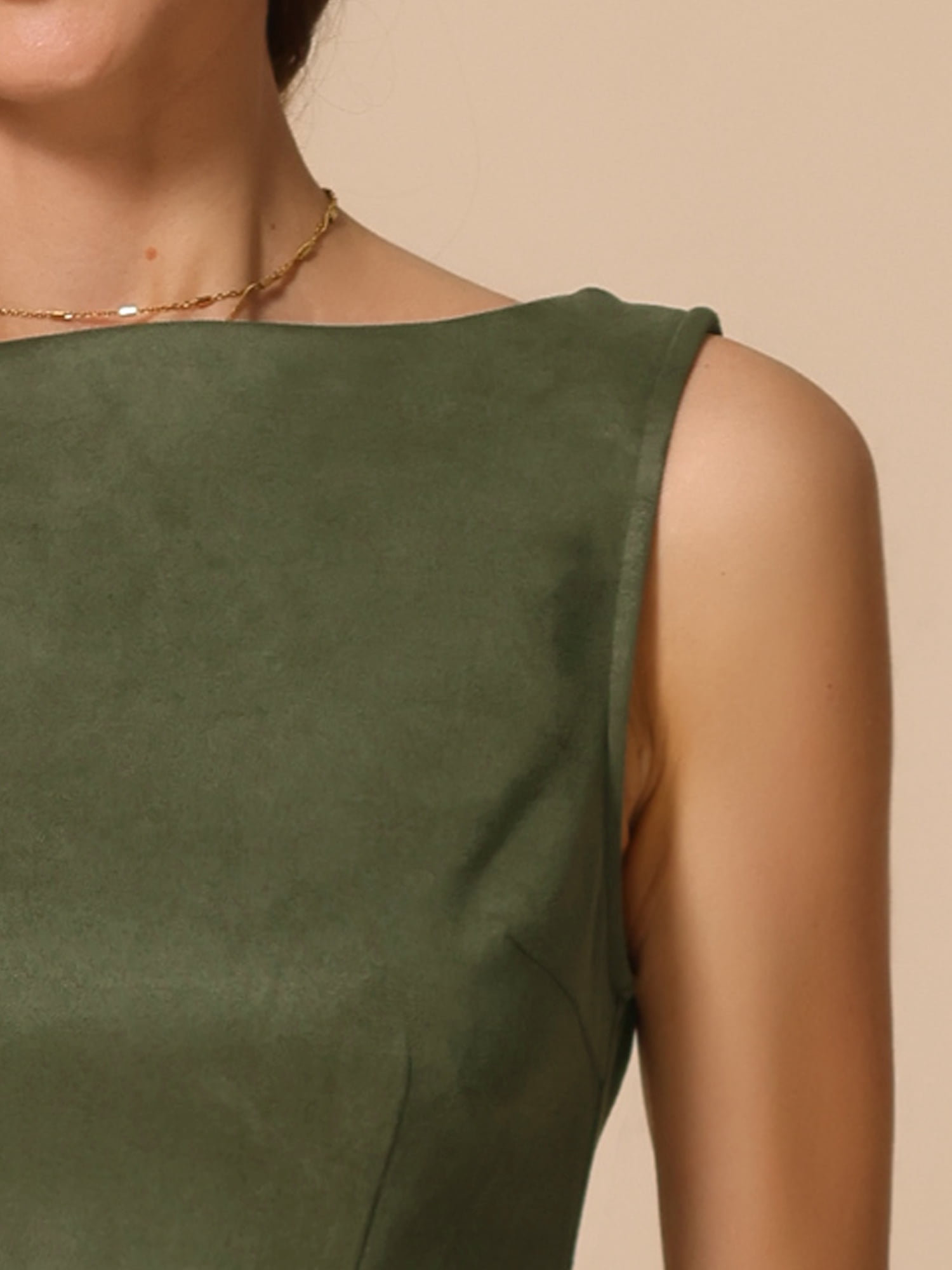 DARING DIVA Faux Suede Boat Neck Sleeveless Sheath Dress S Army Green