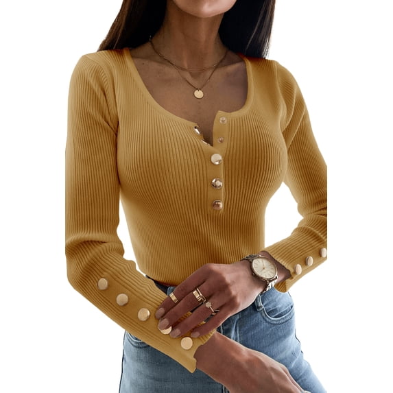 Sherrylily Women Sexy Long Sleeve Sweater Pullover Scoop Neck Button Up Tops