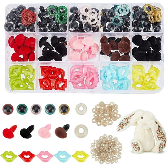Safety Eyes Noses Lip, 15 Styles Craft Plastic Glitter Animal Eyes Crochet Eyes with Washers Bear Nose and Human Mouth for Amigurumi Puppet Teddy Bear Crochet Plush Animal Making, 140pcs