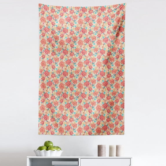 Floral Tapestry, Summer Time Flowers and Leaves Scattered on a Plain Background, Fabric Wall Hanging Decor for Bedroom Living Room Dorm, 5 Sizes, Eggshell Dark Coral, by Ambesonne