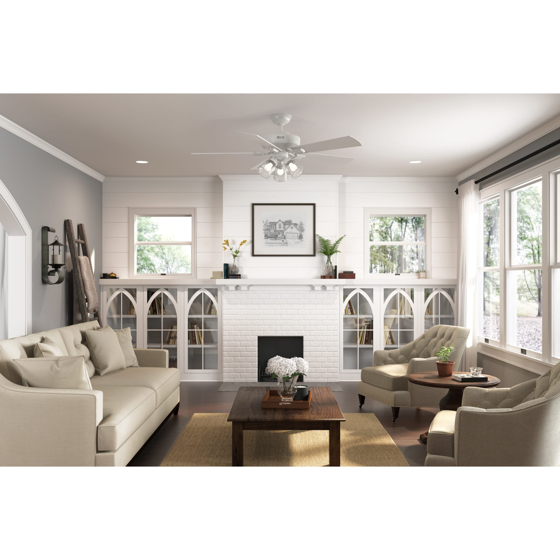 Hunter - Crestfield Indoor Ceiling Fan With Light, Remote, 52-inch, Fresh White, Casual-style, 3-speed WhisperWind Motor, 51859, for Living Rooms, Bedrooms