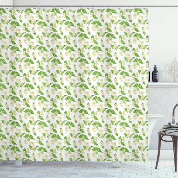 Jasmine Shower Curtain, Garden Art Flowers on Plain Background Herbal Spring Blossoming, Fabric Bathroom Set with Hooks, 69W X 75L Inches Long, White Eggshell and Lime Green, by Ambesonne