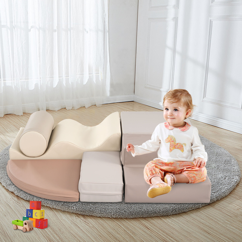 6 in 1 Soft Climb and Crawl Foam Playset for Baby, Toddler Indoor Play Equipment with Ramp, Steps, Wave Mat, Cylinder, EPE Foam,Warm Gray
