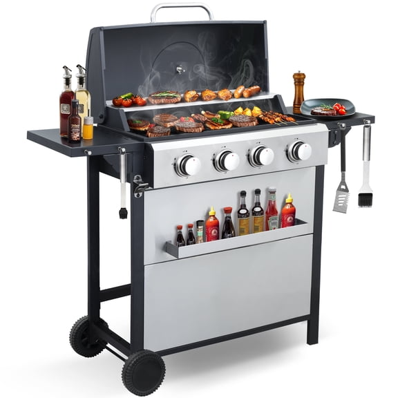 Born Free 4-Burner Silver Propane Gas Grill with Porcelain-Enameled Cooking Grates, Pull-Out Grease Tray, Foldable Side Shelves