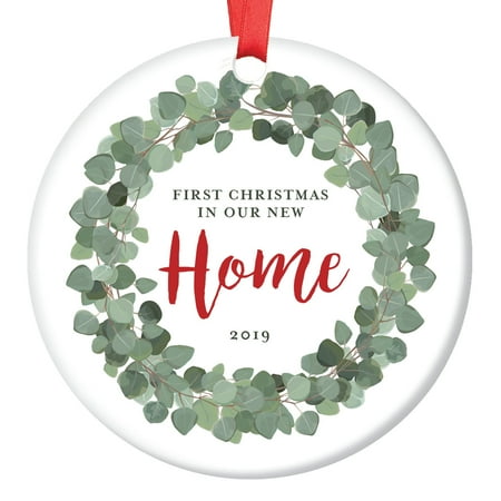 New Homeowner 1st Christmas 2019 Eucalyptus Wreath Dated Ornament Housewarming Family Wedding Realtor Gift Beautiful Natural Flora Vine & Script Style Sleek Porcelain Flat 3