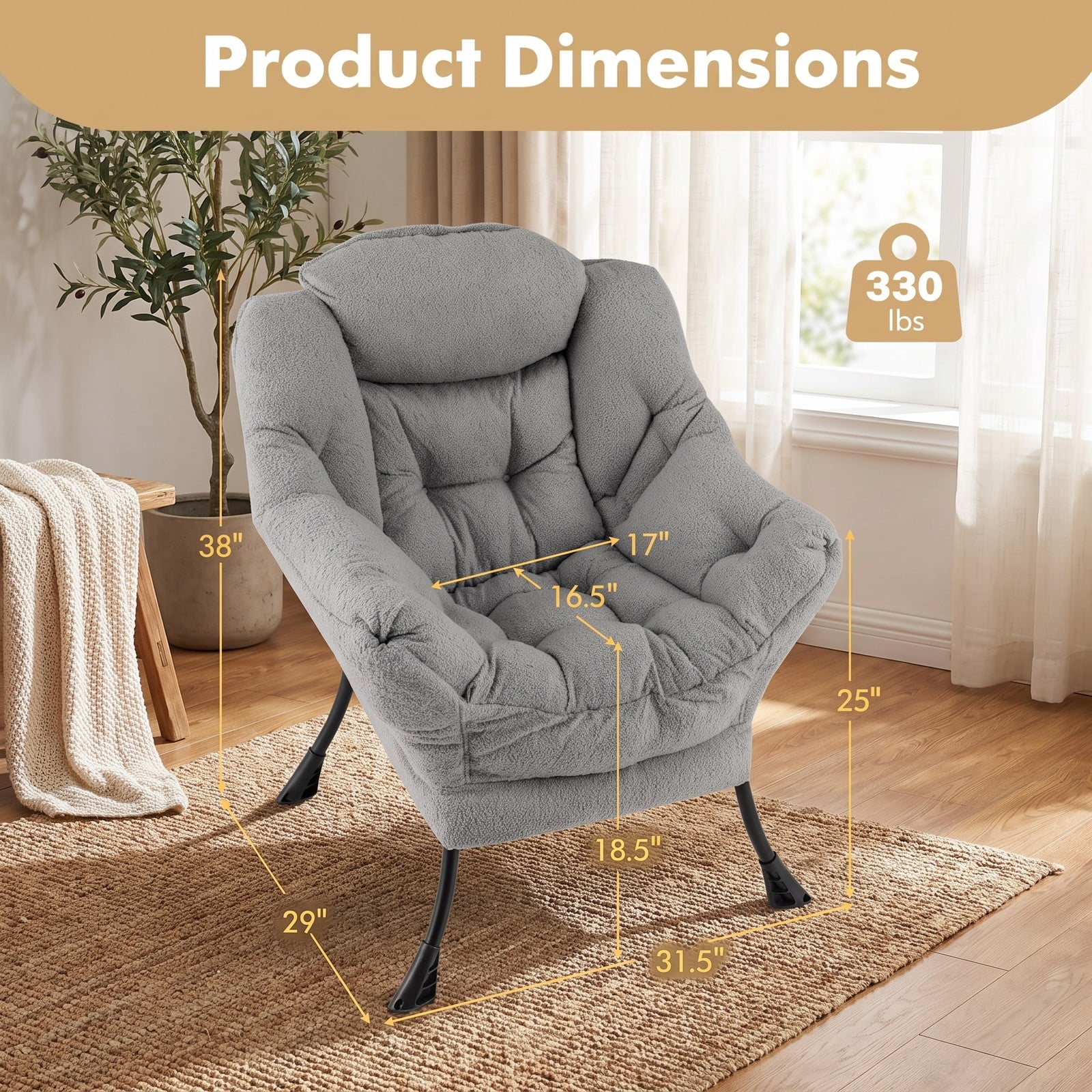 Furnibear Sherpa Upholstered Accent Chair with Cozy Head Pillow, Button Tufted Single Sofa Armchair with Side Pocket for Living Room Bedroom Home Office, 330 lbs, Gray