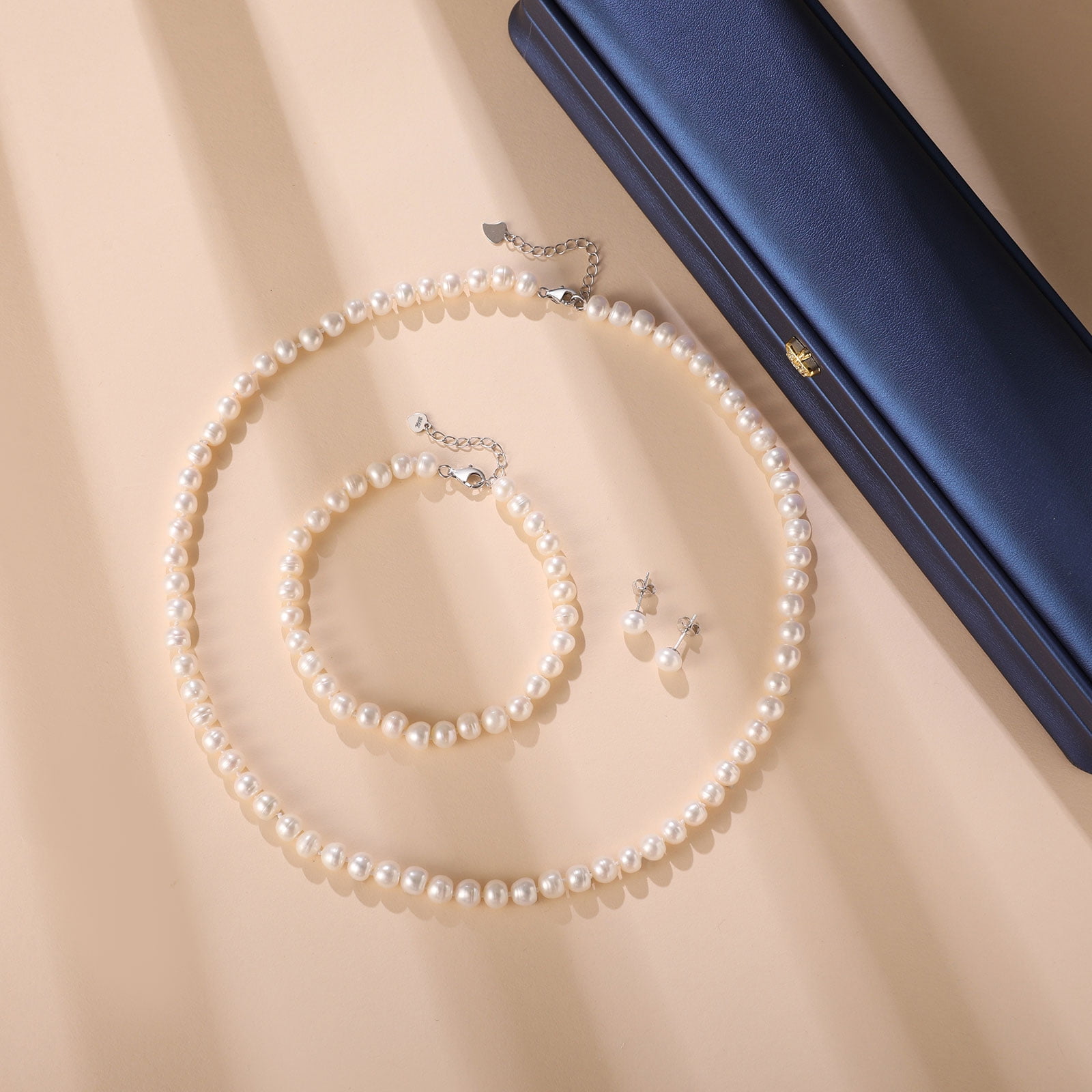 YAMI 7-7.5mm Freshwater Cultured White Pearl Jewelry Set in 925 Sterling Silver Necklace, Earrings & Bracelet  Valentine's Day Gift for Women