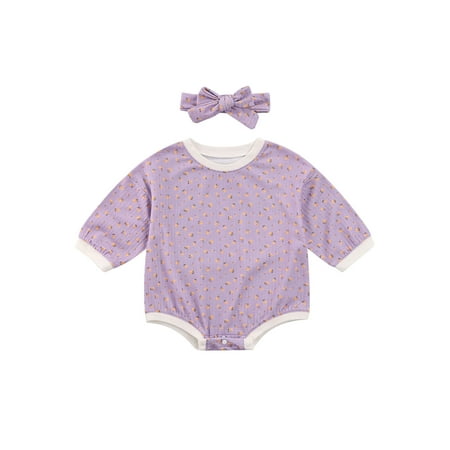 

Sunisery 2Pcs Newborn Baby Girls Floral Autumn Cotton Outfits Long Sleeve Waffle Bodysuit with Bow Headband Purple 6-12 Months