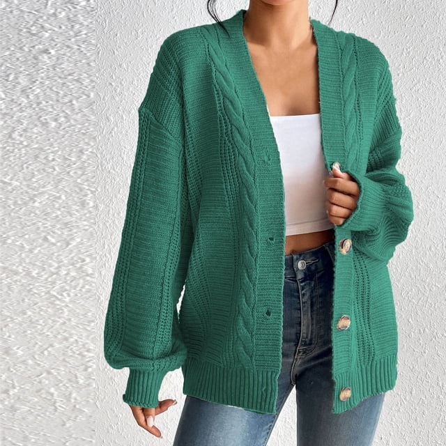 WRKEKC Women's Knit Cardigan Solid Color Button Front Long Sleeve Open Front Cozy Sweater for Fall Winter Layering Green M
