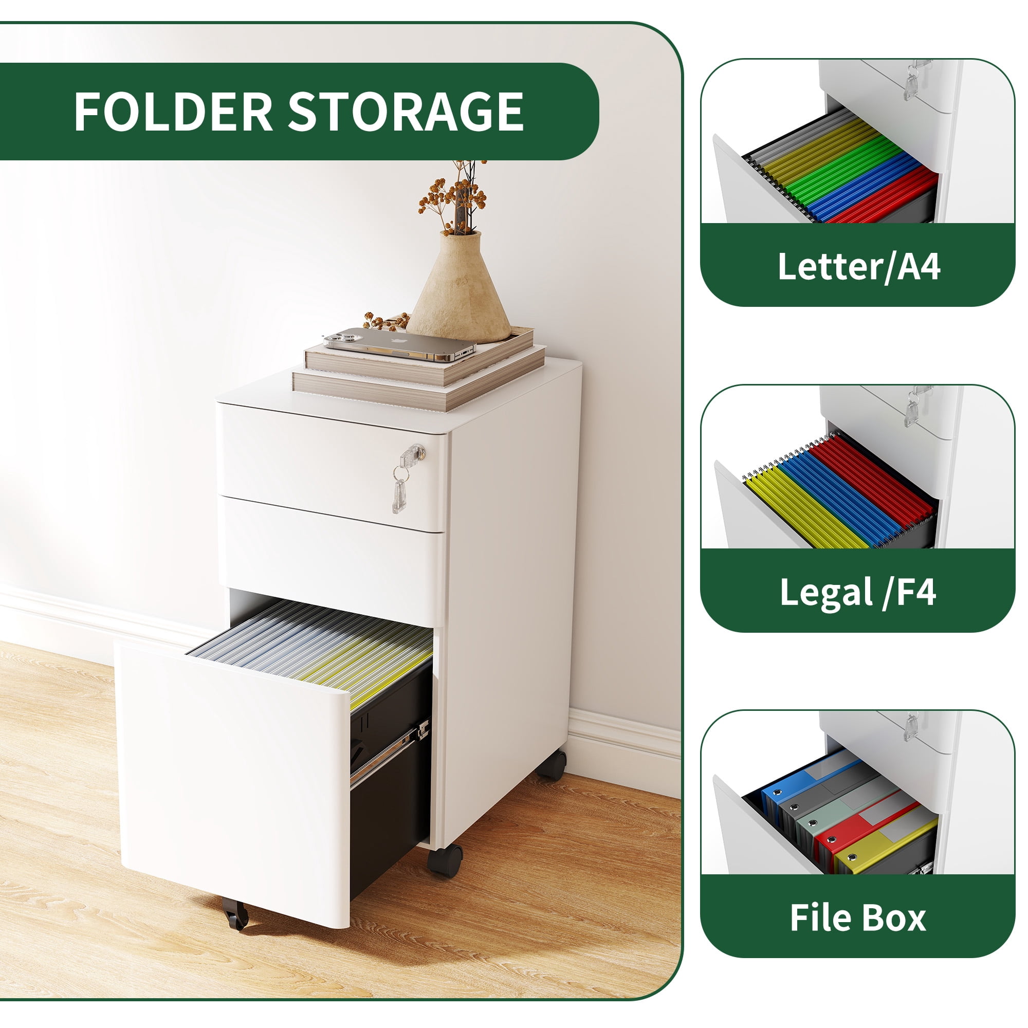 HOQBN 3-Drawer Mobile File Cabinet with Lock,Metal Storage Cabinet on Wheels,Two Shallow & One Deep Drawer for Office/Home,White