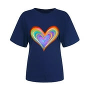 CYMMPU Summer Cute Shirt for Women Rainbow Heart Graphic Short Sleeve Crewneck T Shirt Casual Loose Fit Sweatshirt Tees Shirts