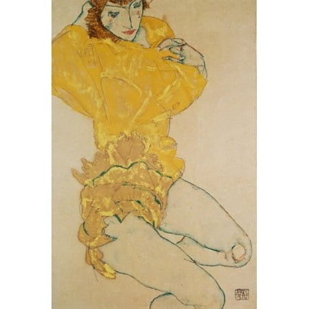 Abstract Figurative Paintings - Woman Undressing, 1914 Yellow Expressionist Figurative Sketch Painting Print Wall Art By Egon Schiele