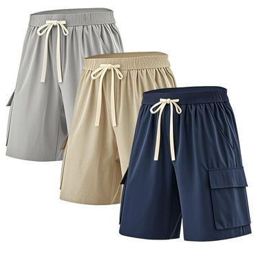 ASUDESIRE 3 Pack Men's Cargo Shorts Elastic Waistband Drawstring Casual Shorts 4 Pockets Classic Fit