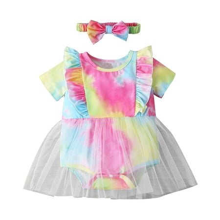 

FRSASU Clearance Infant Girls Short Sleeve Rainbow Tie-Dyed Tulle Romper Bodysuit+Headbands