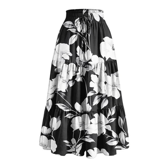 Busydd Skirts for Women Casual Elastic Waist Drawstring Maxi Skirt Trendy Floral Print Long Skirts for Women Pleated Tiered Flowy Summer Skirts