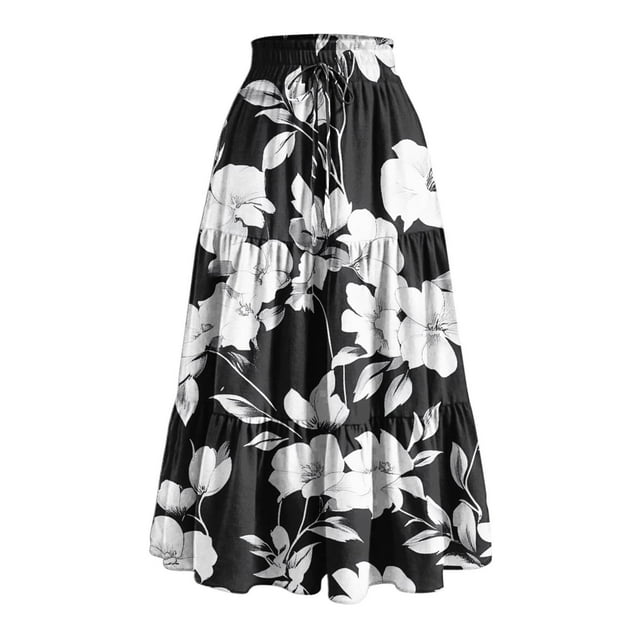 Bocqde Women's Boho Maxi Skirts Summer Fashion Casual Drawstring Elastic High Waist Long Skirt Solid Color Flowy A Line Ruffle Swing Skirt