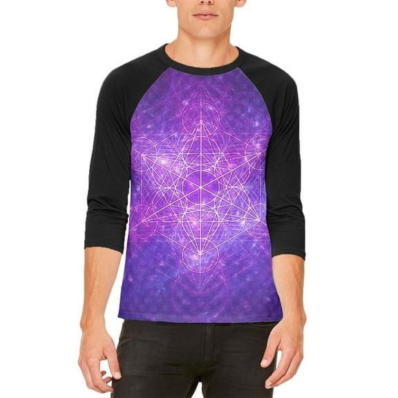 Sacred Geometry Metatron Cube Map of Creation Mens Raglan T Shirt White-Black SM