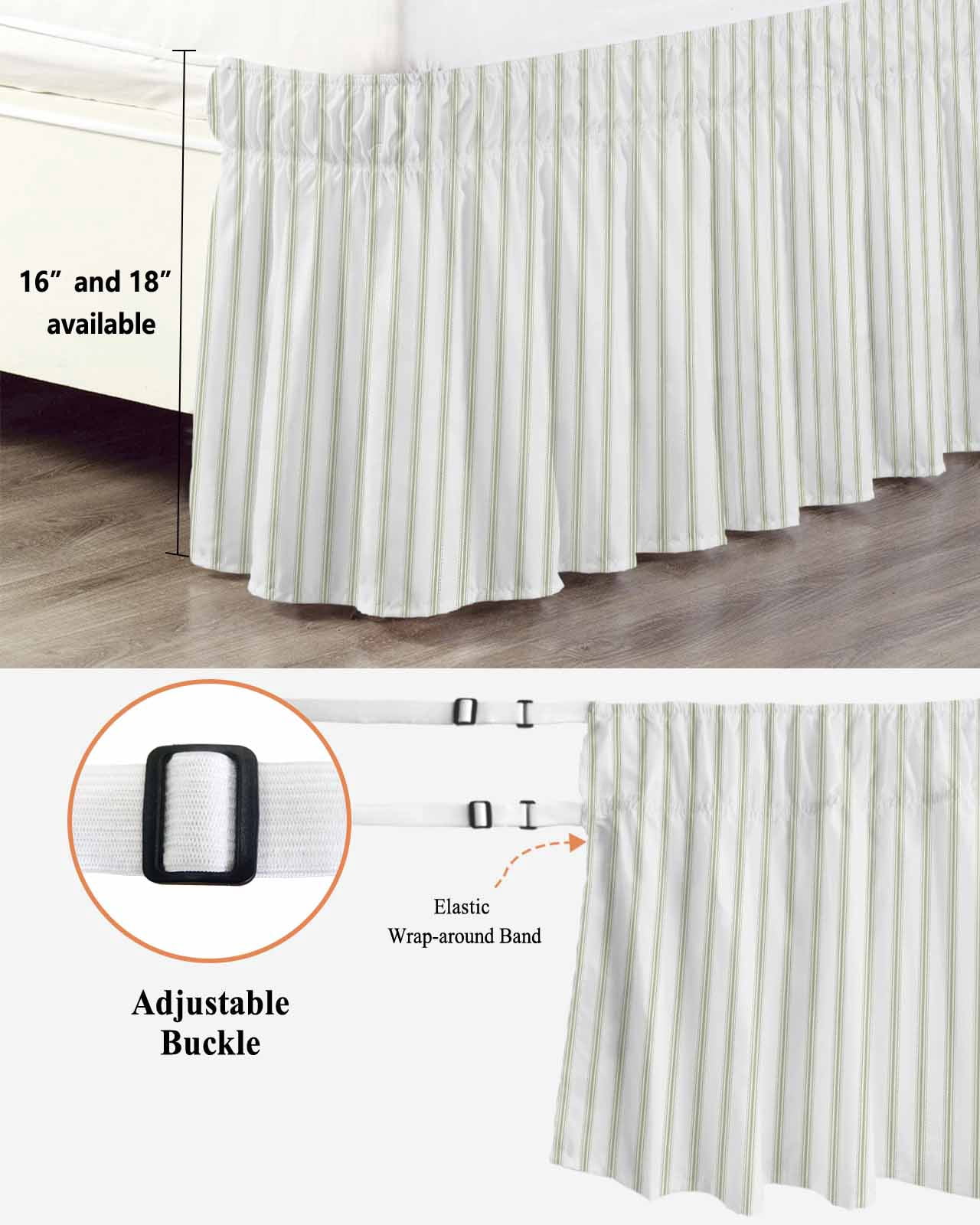 Sage Green Striped Wrap Around Bed Skirts for Queen Bed 18" Drop,Bed Skirt with Adjustable Elastic Belt Dust Ruffle Bed Valance for Bedroom Hotel Sage Green White Stripes Farmhouse Bed Frame Cover