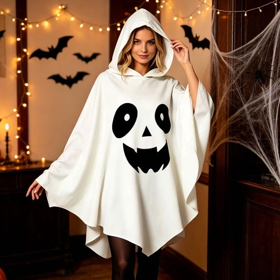 Puyaiuu Women White Hooded Ghost Cape Cloak Funny Pumpkin Face Halloween Cosplay Costume For Adult Trick Or Treat Themed Party Gift