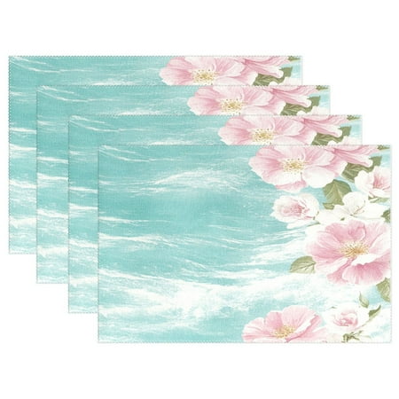 

Elegant Floral on Aqua Waves 4-Piece 12x18in Heat-Proof Place Mats Set Non-Slip for Family Dining