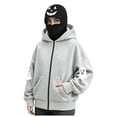 thumbnail image 5 of felwors Women's Long Sleeve Halloween Zip-Up Hoodie with Face Mask Oversized Graphic Sweatshirt for Fall Festive Grey for Size L, 5 of 6